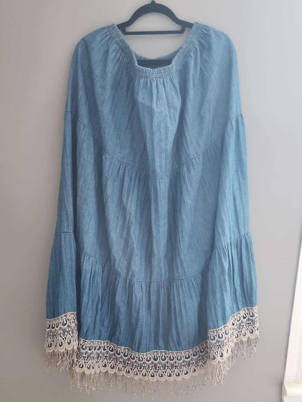 Boho Tiered Maxi Skirt with Lace Fringe - Blue